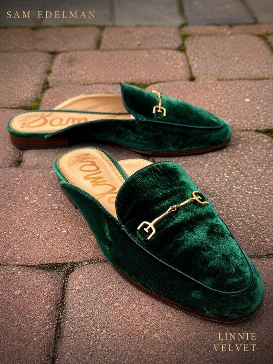 Sam Edelman Shoes - Sam Edelman Linnie Green Velvet Gold Accent Horsebit Mule Loafers 8W